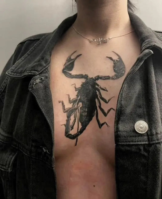 Big Black and Grey Scorpion on Women Chest Tattoo by @trashylvania