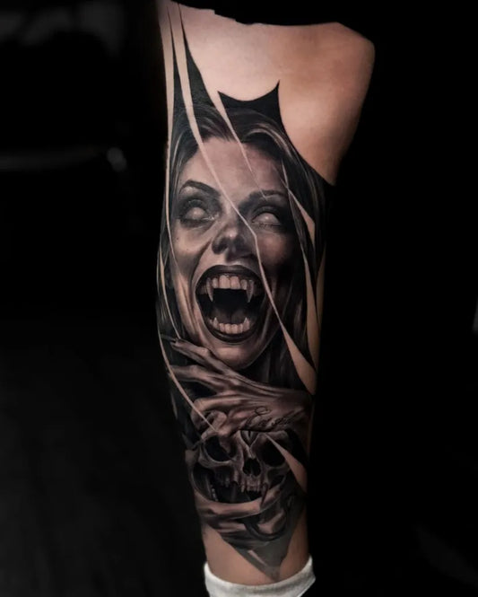 Big Black and Grey Screaming Woman with Skull Tattoo on Women Thigh by @s24ntattoo