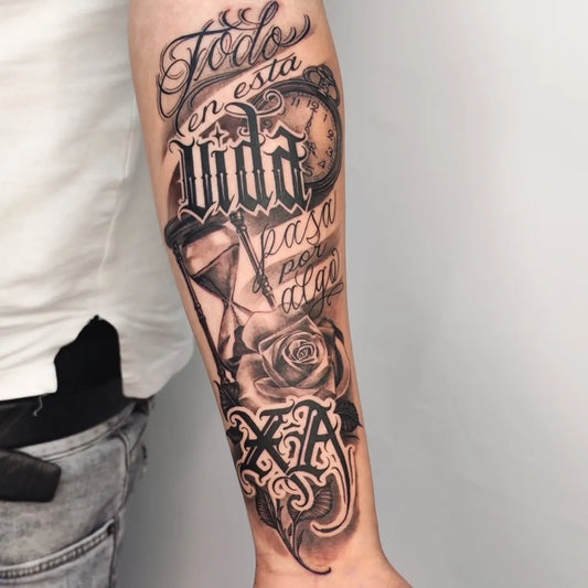 Big Black and Grey Script Clock Rose Tattoo on Men Arm by @arte_giada