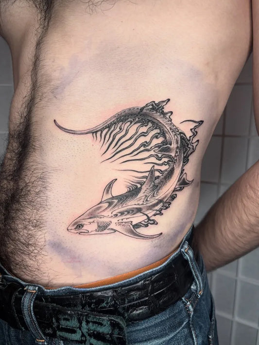 Big Black and Grey Shark on Men Side Tattoo by @affanita