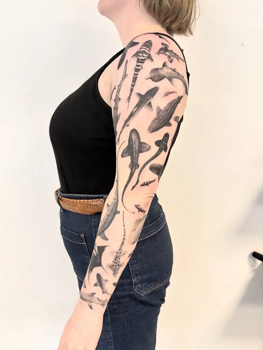 Big Black and Grey Sharks on Women Arm Tattoo by @pokeeeeeeeoh