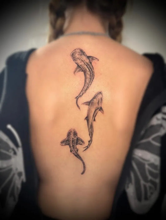 Big Black and Grey Sharks on Women Back Tattoo by @abbybarnestattoos