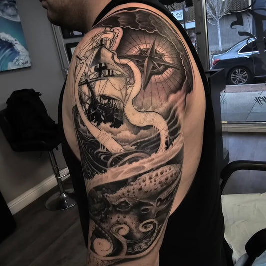 Big Black and Grey Ship Kraken Waves Nautical Tattoo on Men Arm by @lordnugs