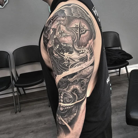 Big Black and Grey Ship Octopus Tattoo on Men Arm by @lordnugs
