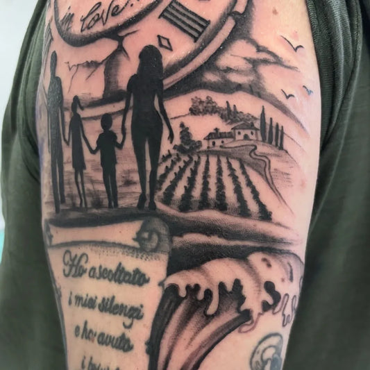 Big Black and Grey Silhouette Family Landscape Family Tattoo on Men Arm by @annavannetti