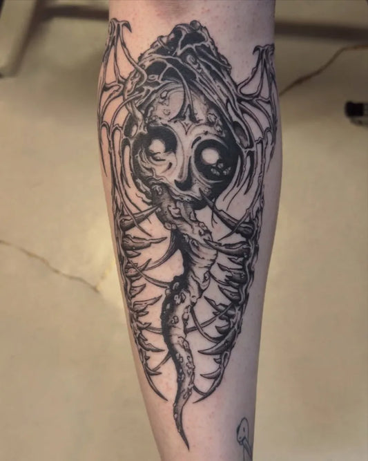 Big Black and Grey Skeletal Winged Horror Tattoo on Men Thigh by @beelzebubbers