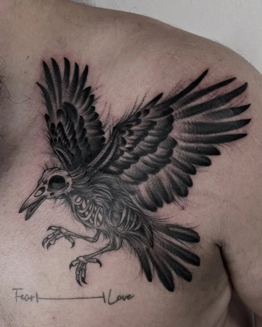 Big Black and Grey Skeleton Crow Tattoo on Men Chest by @lucifernandarotten