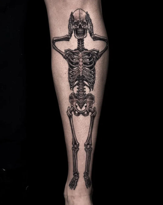 Big Black and Grey Skeleton Tattoo on Men Leg by @junggiart