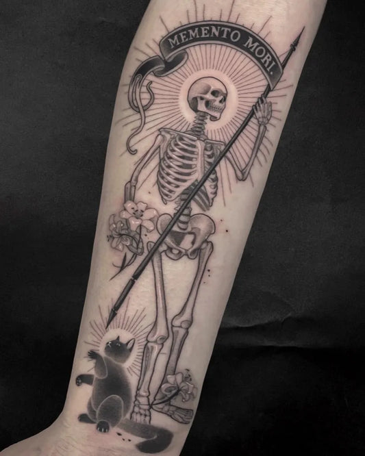 Big Black and Grey Skeleton with Halo and Cat Tattoo on Men Arm by @danijtattoo