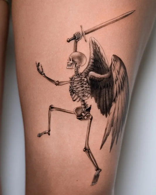 Big Black and Grey Skeleton with Wings and Sword Tattoo on Women Thigh by @_ktattoo_