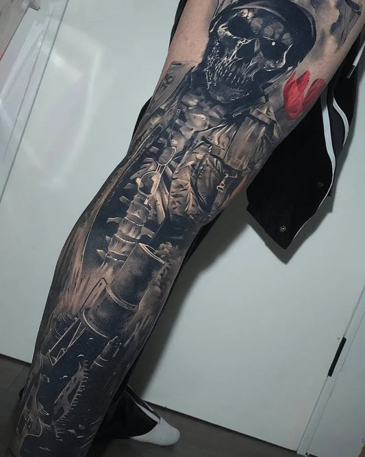 Big Black and Grey Skull and Industrial Gear Military Tattoo on Men Thigh by @crankycraigstattoos