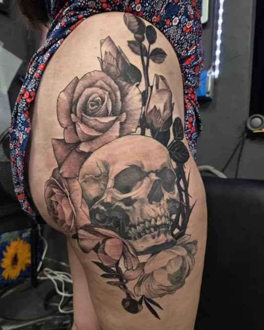 Big Black and Grey Skull and Roses Tattoo on Women Hip by @inked.by.maryjane