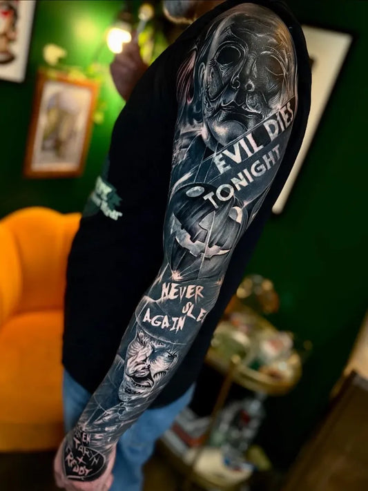 Big Black and Grey Skull and Skeletons Horror Tattoo on Men Arm by @eireink