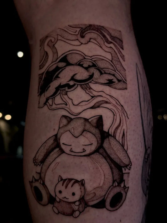Big Black and Grey Snorlax with Skitty and Clouds Tattoo on Men Arm by @tintadeklamar