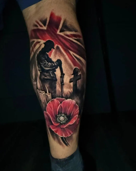 Big Black and Grey Soldier Poppy Cross Military Tattoo on Men Leg by @holygrailtattoostudio