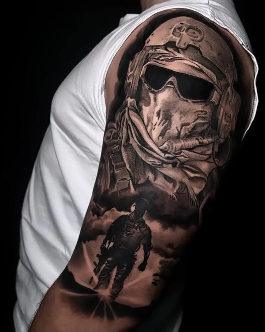 Big Black and Grey Soldier in Helmet Military Tattoo on Men Arm by @suntattoo__cluj