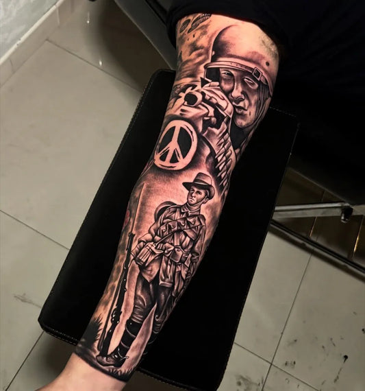 Big Black and Grey Soldier with Motorcycle Military Tattoo on Men Arm by @colleinktattoo