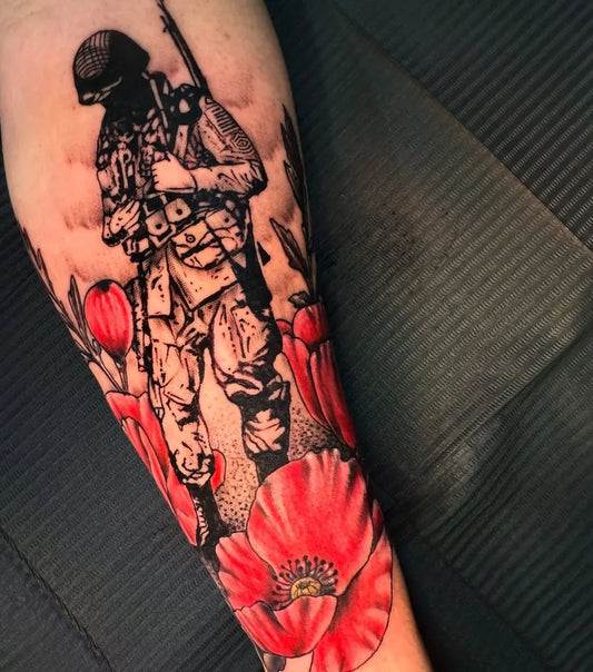 Big Black and Grey Soldier with Poppies Military Tattoo on Men Arm by @chadwebb_smt