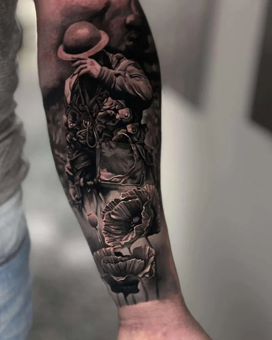 Big Black and Grey Soldier with Poppy Flowers Military Tattoo on Men Arm by @guerillaartsociety