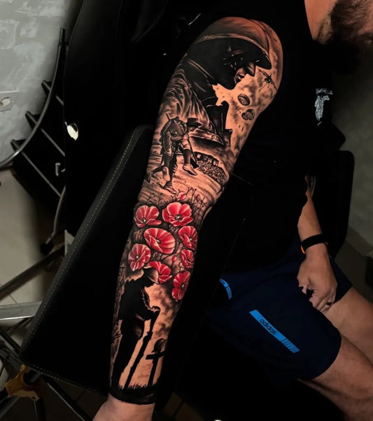 Big Black and Grey Soldiers Poppies Cross Military Tattoo on Men Arm by @colleinktattoo