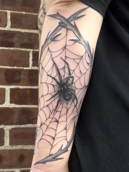 Big Black and Grey Spider Web and Spider on Men Arm Tattoo by @sjramostattoo