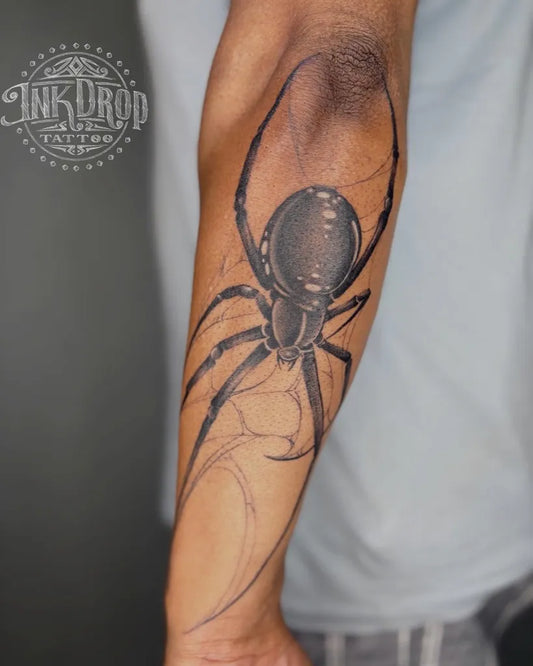 Big Black and Grey Spider on Men Arm Tattoo by @inkdrop_tattoos