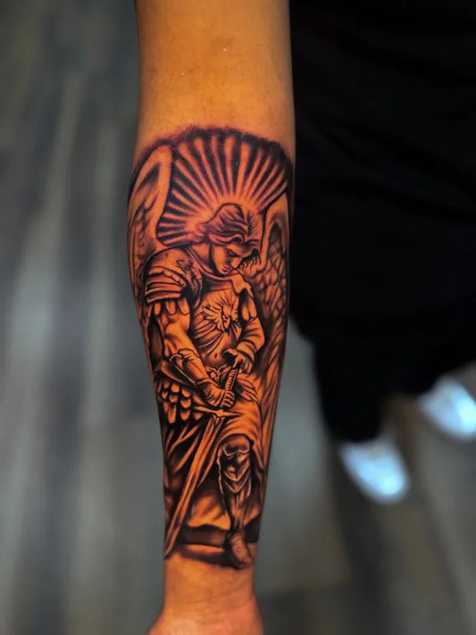 Big Black and Grey St Michael Angel Tattoo on Men Arm by @ink_jah