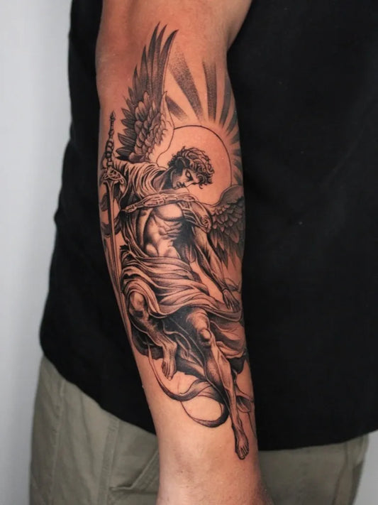Big Black and Grey St Michael Angel Tattoo on Men Arm by @jose.tattoos