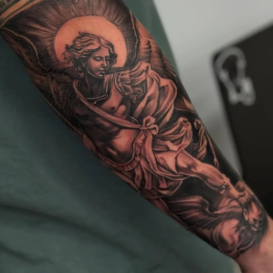 Big Black and Grey St Michael Angel Tattoo on Men Arm by @rickysalas_