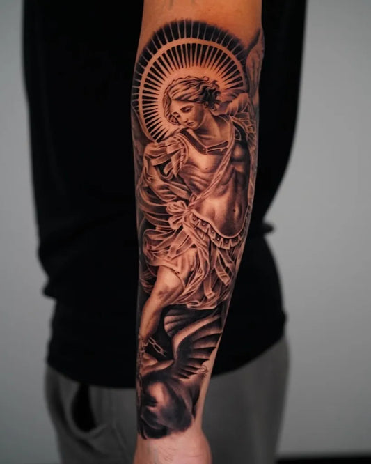 Big Black and Grey St Michael Angel Tattoo on Men Arm by @salvador.tattoos