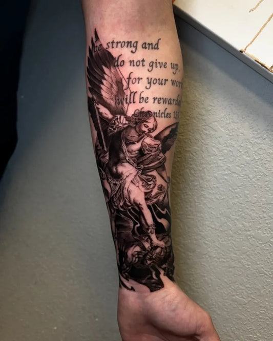 Big Black and Grey St Michael Angel Tattoo on Men Arm by @tattoorichi