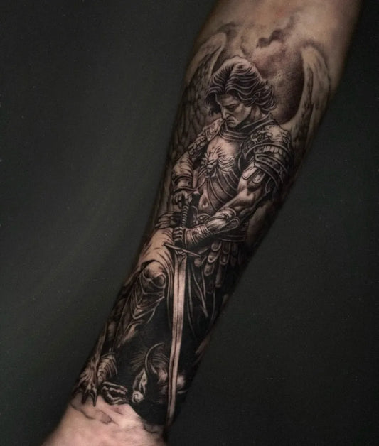 Big Black and Grey St Michael Angel with Sword Tattoo on Men Arm by @liotattoo