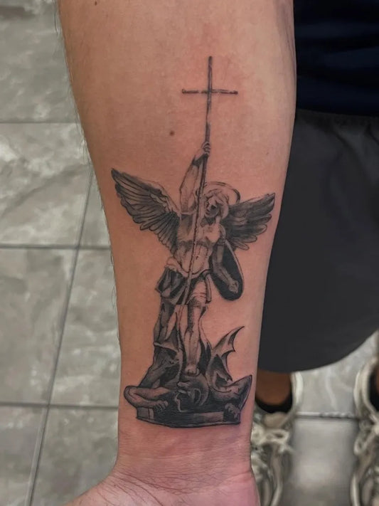 Big Black and Grey St Michael Slaying Dragon Tattoo on Men Arm by @6kittyinks6