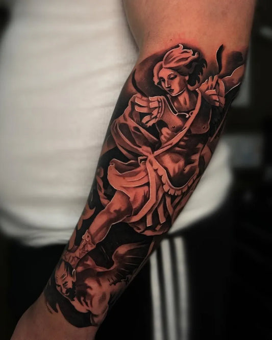 Big Black and Grey St Michael Slaying Dragon Tattoo on Men Arm by @ajazzx_