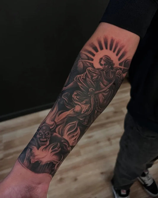 Big Black and Grey St Michael Slaying Dragon Tattoo on Men Arm by @arttatt89