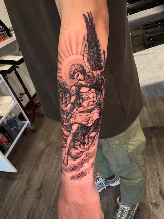 Big Black and Grey St Michael Slaying Dragon Tattoo on Men Arm by @beautifulbodyart_tattoos