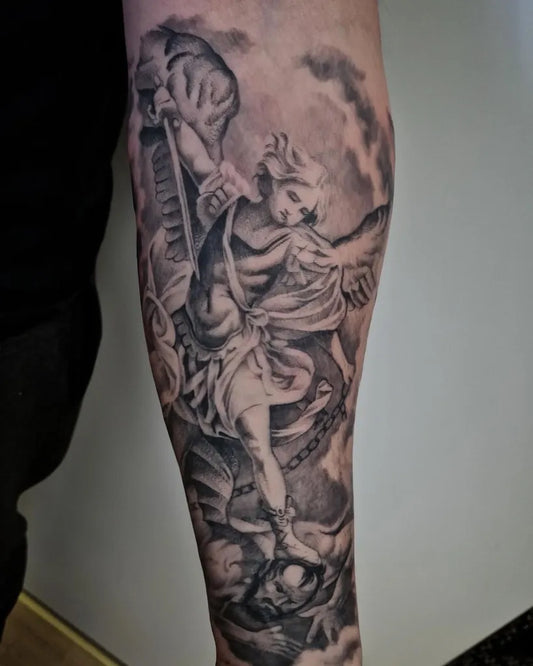 Big Black and Grey St Michael Slaying Dragon Tattoo on Men Arm by @dagurgunnarstattoo