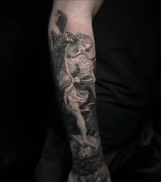 Big Black and Grey St Michael Slaying Dragon Tattoo on Men Arm by @danteytattoo