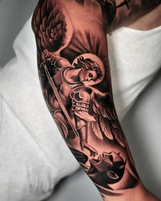Big Black and Grey St Michael Slaying Dragon Tattoo on Men Arm by @eddycastillotattoos210