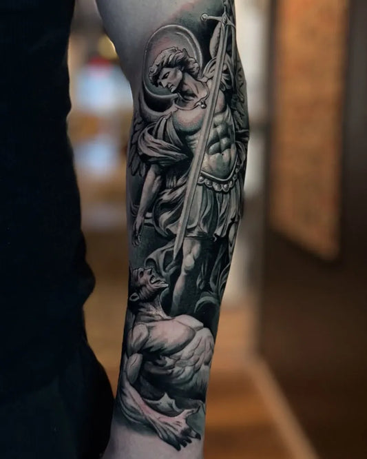 Big Black and Grey St Michael Slaying Dragon Tattoo on Men Arm by @felleti_1nk