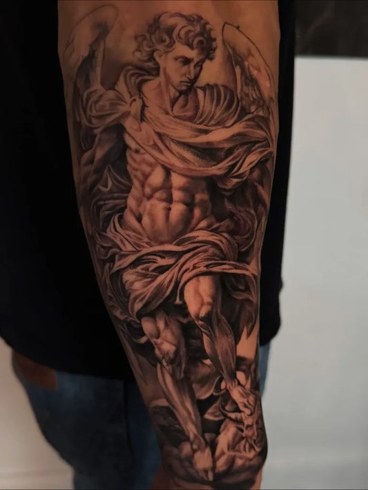 Big Black and Grey St Michael Slaying Dragon Tattoo on Men Arm by @flakko999