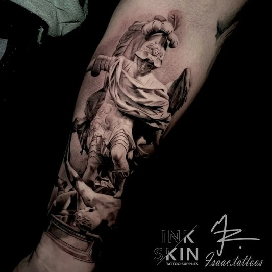 Big Black and Grey St Michael Slaying Dragon Tattoo on Men Arm by @isaac.tattoos