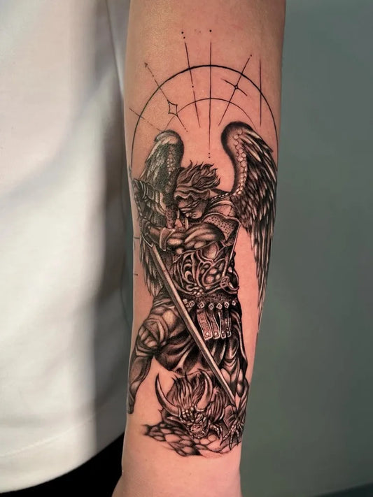 Big Black and Grey St Michael Slaying Dragon Tattoo on Men Arm by @low.west