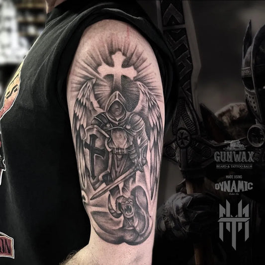 Big Black and Grey St Michael Slaying Dragon Tattoo on Men Arm by @mrhats_tattoo