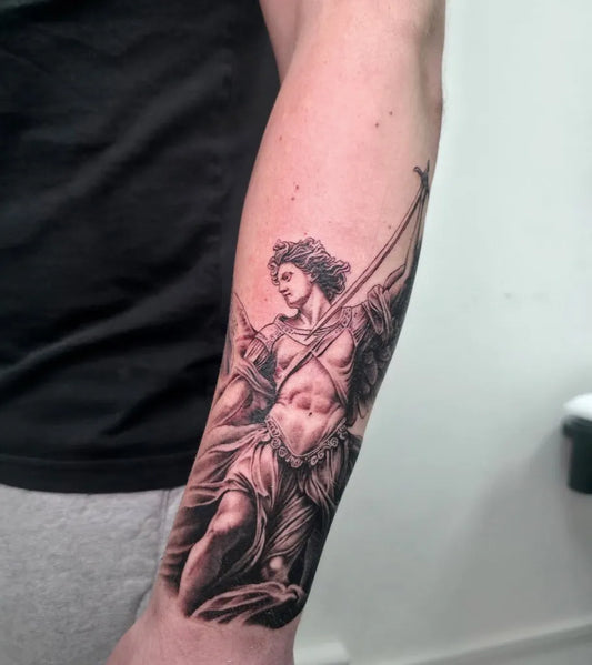 Big Black and Grey St Michael Slaying Dragon Tattoo on Men Arm by @olliecjtattoo