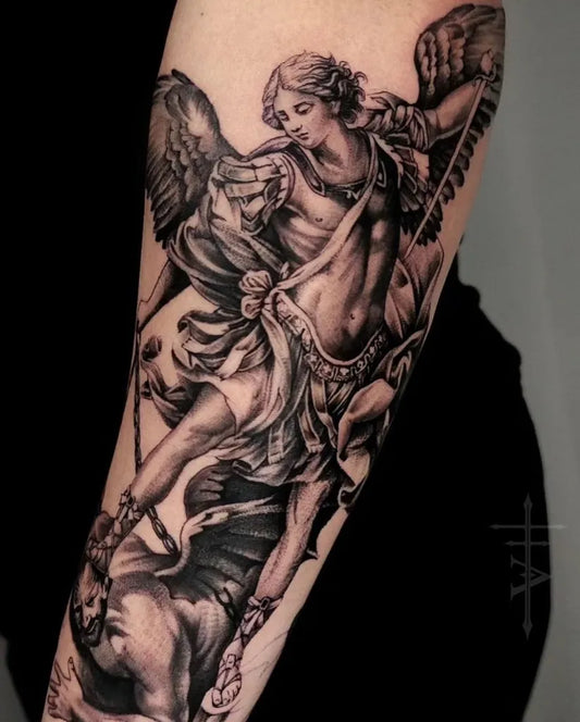 Big Black and Grey St Michael Slaying Dragon Tattoo on Men Arm by @sevensaintstattoo
