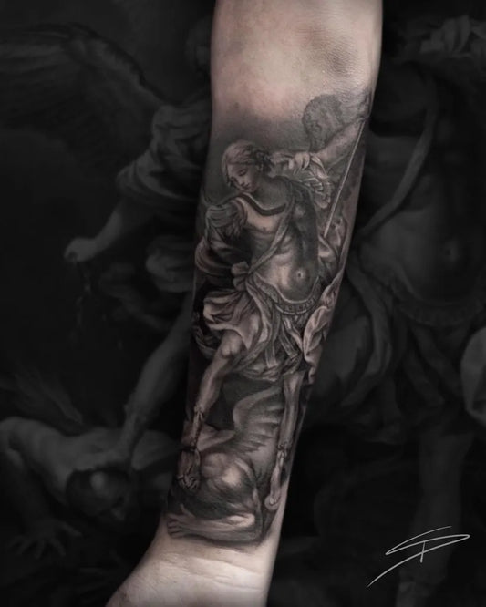 Big Black and Grey St Michael Slaying Dragon Tattoo on Men Arm by @stpercival