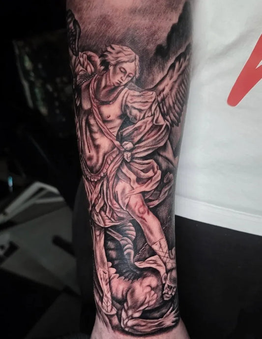 Big Black and Grey St Michael Slaying Dragon Tattoo on Men Arm by @tim_langer_tattoo