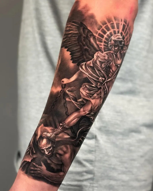 Big Black and Grey St Michael Slaying Dragon Tattoo on Men Arm by @tuantran.ink