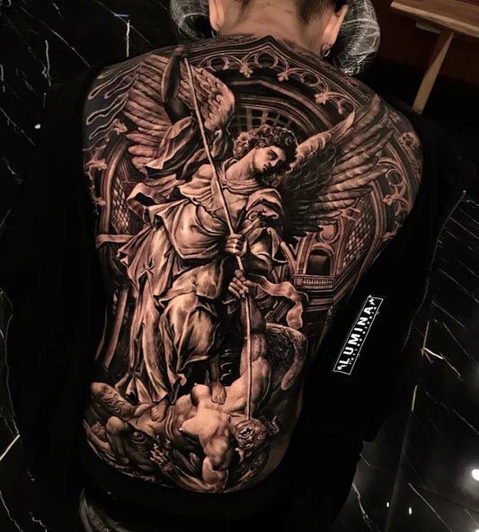 Big Black and Grey St Michael Slaying Dragon Tattoo on Men Back by @badrart_lumina